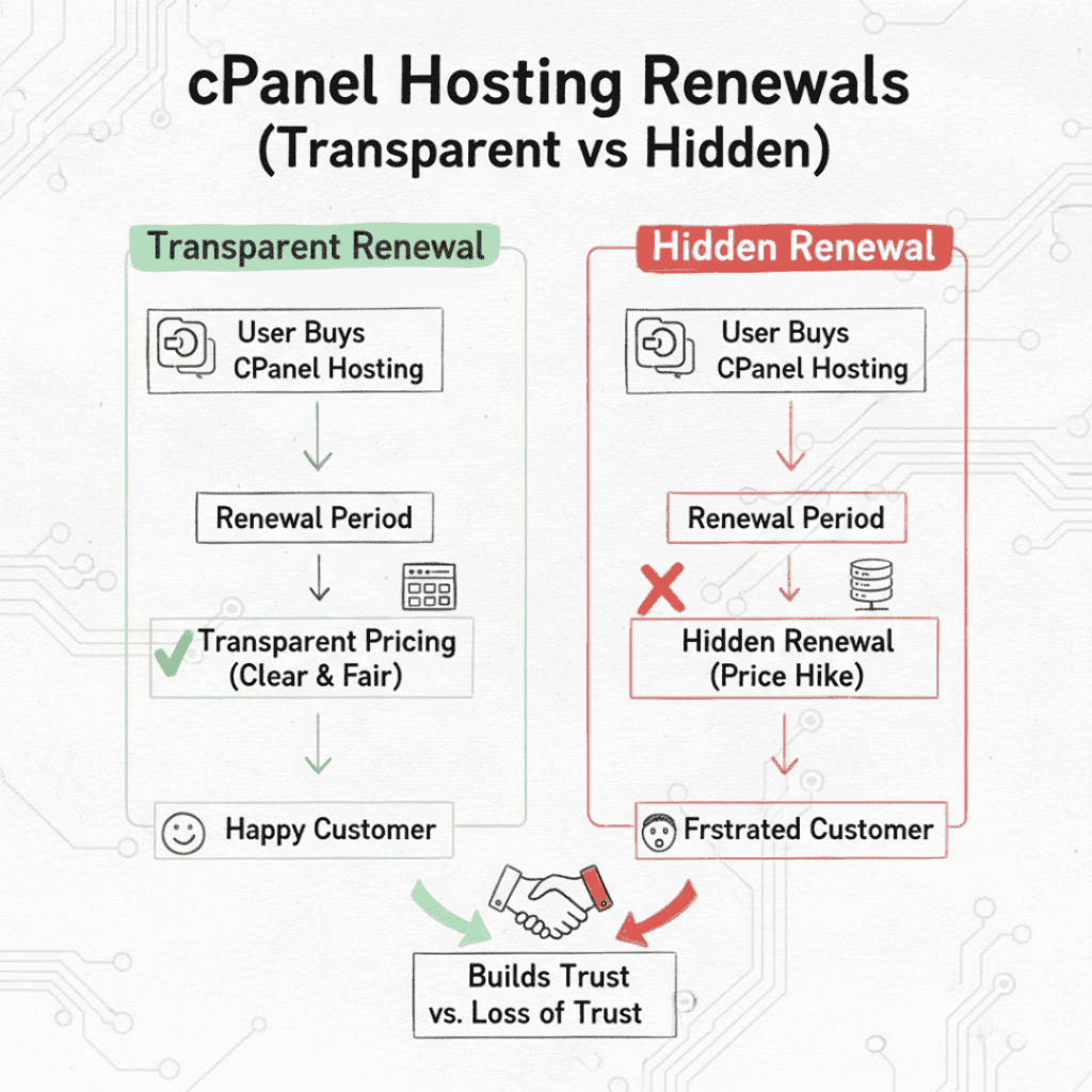 Flowchart showing transparent vs hidden cPanel hosting renewals for Indian businesses.