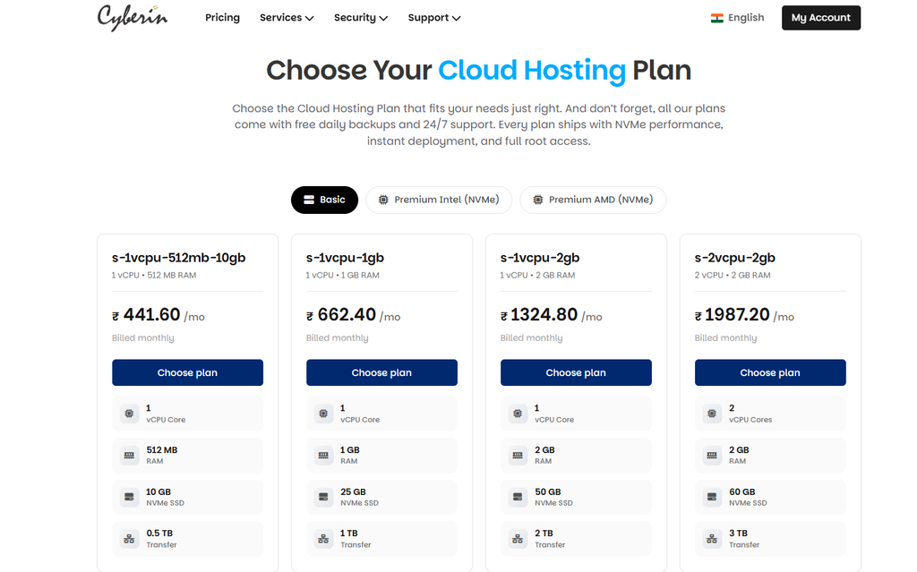 Cyberin cloud hosting plans and resources