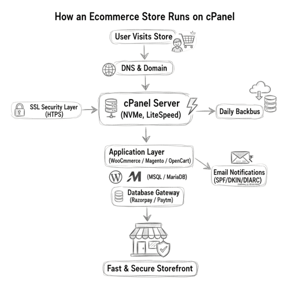 flowchart showing how an eCommerce store runs on cPanel, including DNS, SSL, server, payment gateway, email delivery, and backups.