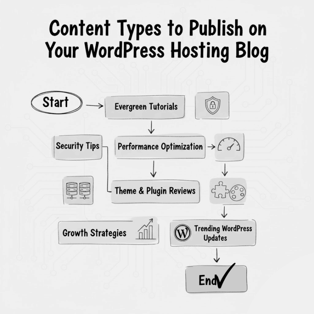 flowchart showing content types for WordPress hosting blogs, including tutorials, security tips, performance optimization, plugin reviews, hosting comparisons, growth strategies, and trending updates.