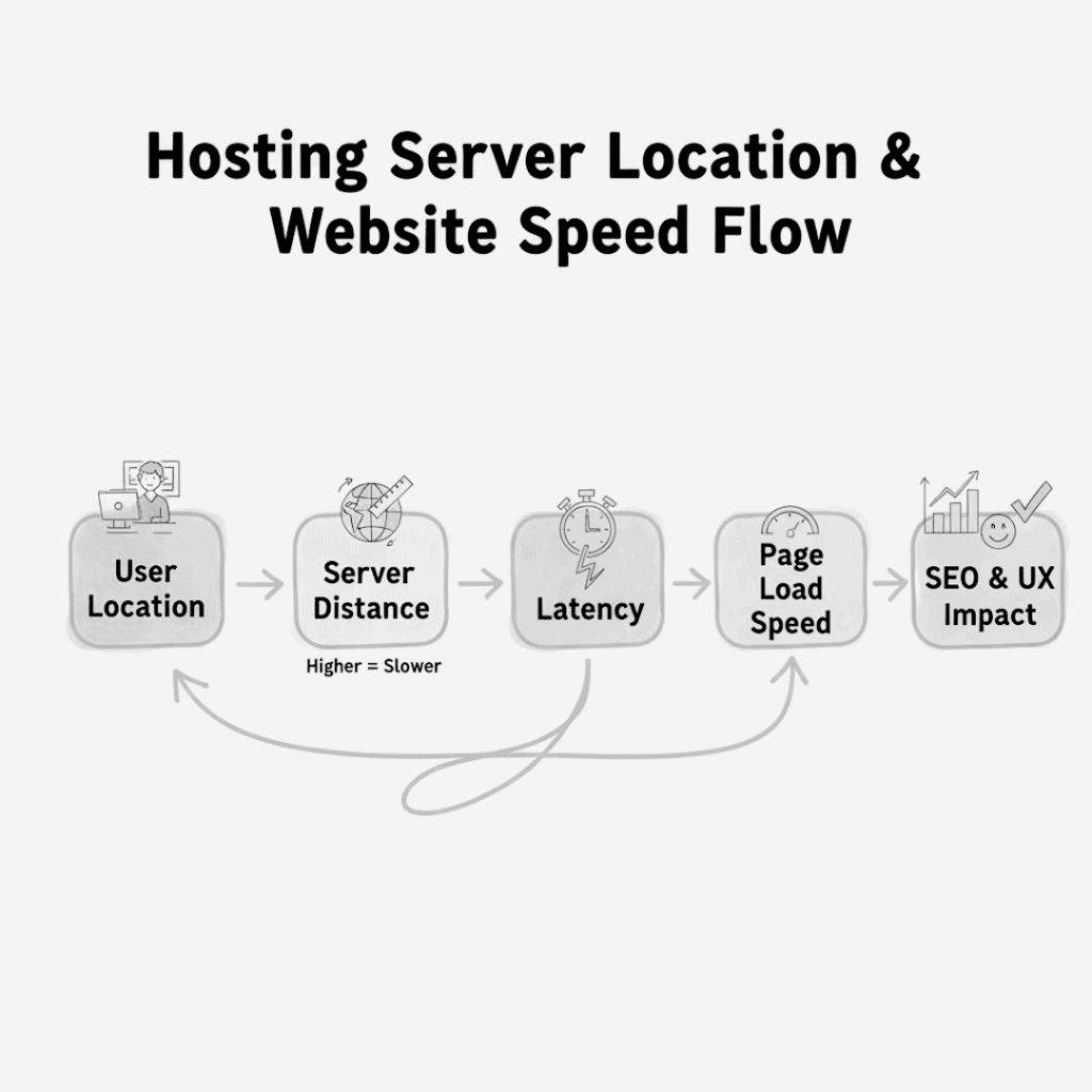 Flowchart showing how server distance affects latency, WordPress speed, and SEO performance.