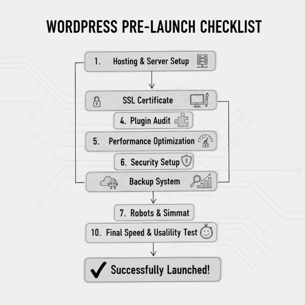 flowchart showing steps: hosting, SSL, theme, plugins, performance, security, backup, SEO, and final testing.