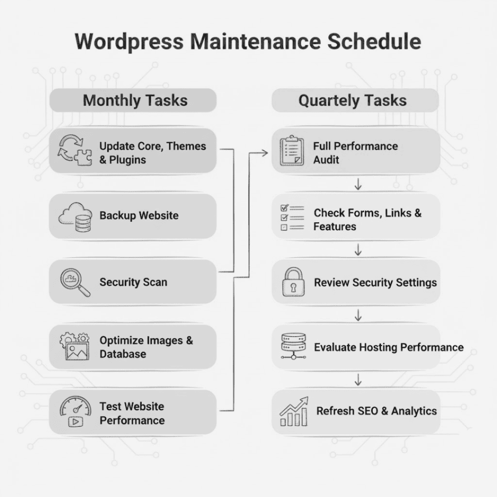 flowchart showing monthly and quarterly WordPress maintenance tasks, including updates, backups, security, performance, and SEO checks.