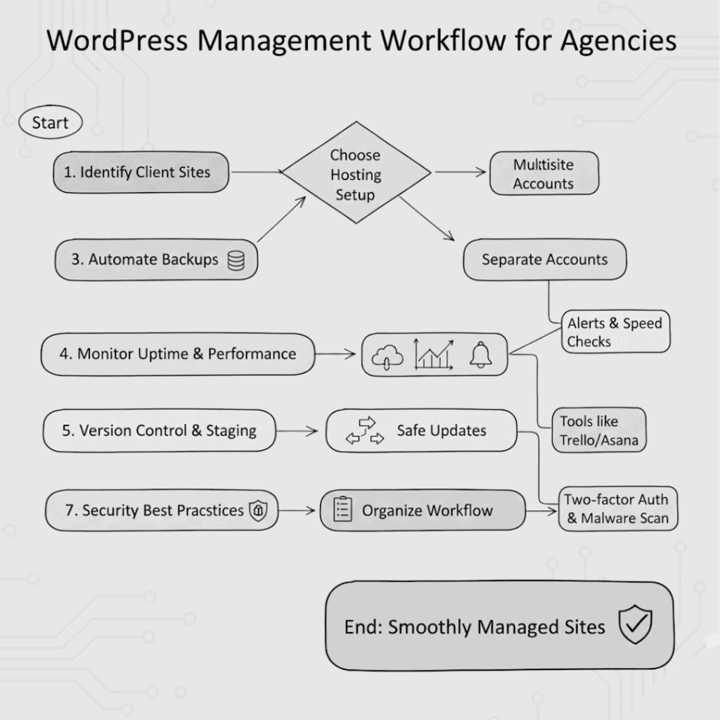 Workflow for managing multiple WordPress sites including hosting, backups, performance monitoring, version control, and security.