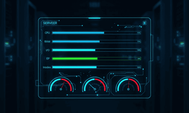 cPanel resource usage meters showing CPU, RAM, I/O and Entry Processes for shared hosting performance.