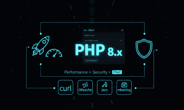PHP version selection in cPanel with performance boost and security icons for Indian WordPress websites.